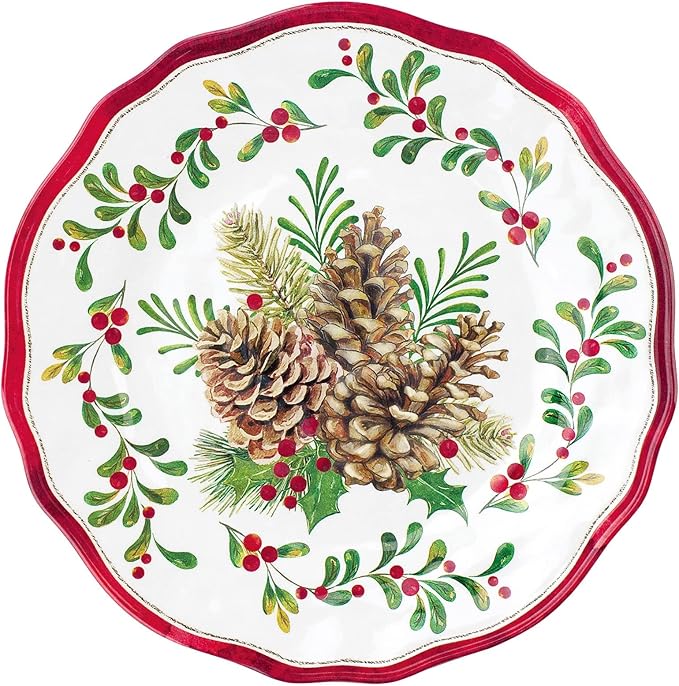 UPware 16 Piece Pinecones Melamine Dinnerware Sets Outdoor Dishes Set Plates and Bowls Sets Christmas Decorations Service for 4 Red