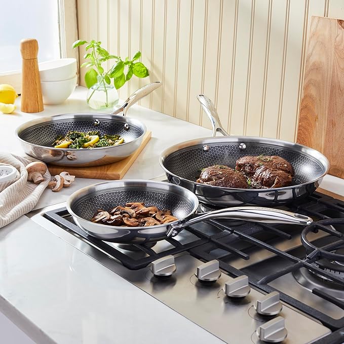 HENCKELS Paradigm 5-pc Cookware Set Nonstick Frying Pan and Silicone Utensil Set 3-Ply Stainless Steel Skillets for Induction Cooktop Gas &amp Electric Stovetops – Dishwasher Safe &amp Oven Safe