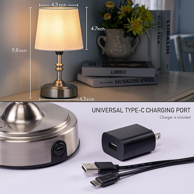 O’Bright Seraph mini – Cordless LED Table Lamp with Dimmer Built-in Rechargeable Battery 3-Level Brightness Patio Table Lamp Bedside Night Lamp Ambient Light for Restaurant Brushed Nickel