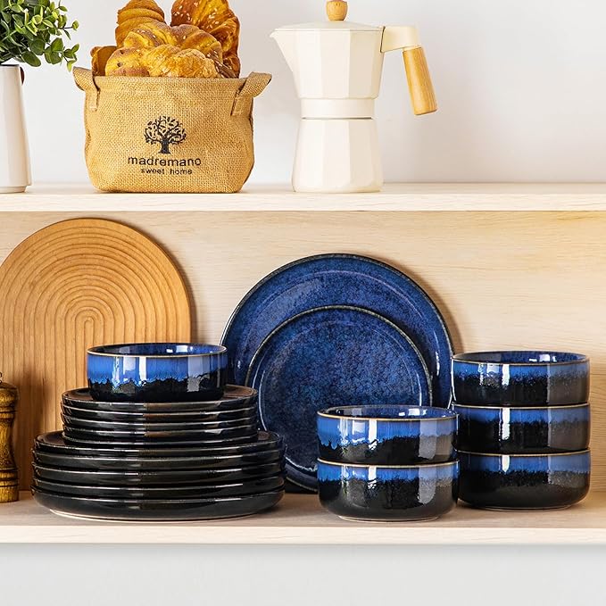 vancasso Starry 18 Pieces Dinnerware Sets for 6 Blue Reactive Glaze Dishes Sets Ceramic Plates and Bowls Set Dinner Salad Dessert Plates and Cereal Bowls Set Dishwasher and Microwave Safe