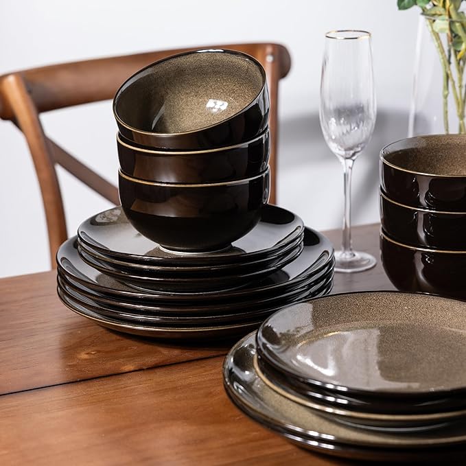 Ceramic Dinnerware Sets of 6Stoneware Plates and Bowls SetsHandmade Reactive Glaze Dishes SetChip Resistant and Scratch Resistant | Oven&ampDishwasher &amp Microwave Safe-Chestnut(32 PCS)