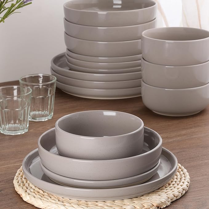 HaWare 16-Piece Plates and Bowls Set for 4 Stoneware Dinnerware Sets with Pasta Bowl Dishes Set for Home Restaurant Speckled Cream Coffee