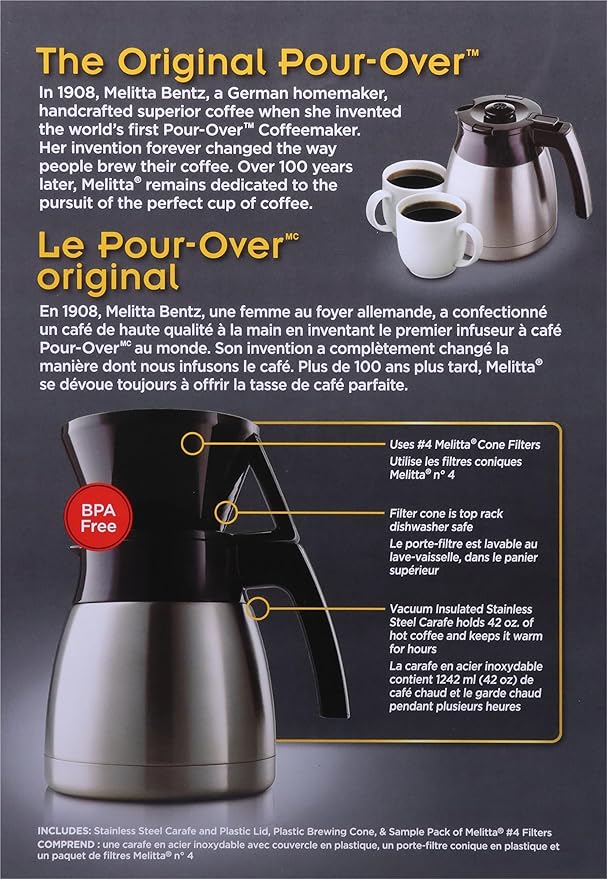 Melitta Pour-Over Coffee Brewer &amp Stainless Steel Carafe Set with Coffee Filters 42 Ounce Set