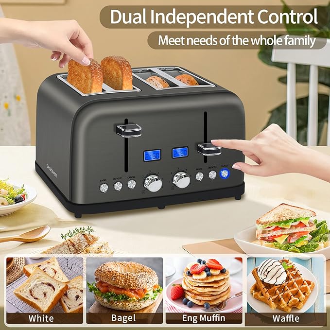 SEEDEEM Toaster 4 Slice LCD Display 6 Shade Settings 1.5'' Wide Slots Digital Stainless Toaster for Bagel Defrost Reheat Dual Control Removable Crumb Tray 1500W Dark Metallic