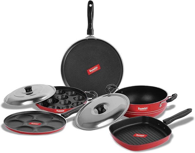 Sumeet 2.6mm Thick Non-Stick Rubrum Cookware set (Dosa Tawa – 26.5cm Dia + Multi snack maker – 26.5cm Dia + Kadhai With Lid – 1.5Ltr + Grill Appam Patra With Lid – 23cm Dia + Grill Pan – 1.1Ltr)