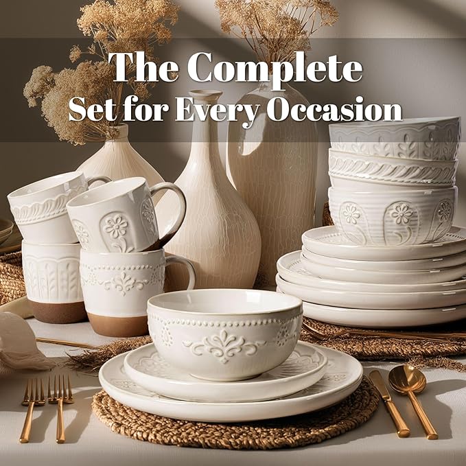 Artena Plates And Bowls Sets 16 Pieces Dinnerware Sets Dish Set For 4 Ceramic Kitchen Bowl And Plate Set Embossed White Dishware Sets Dishwasher &amp Microwave Safe (Multiple Patterns) (With Mug