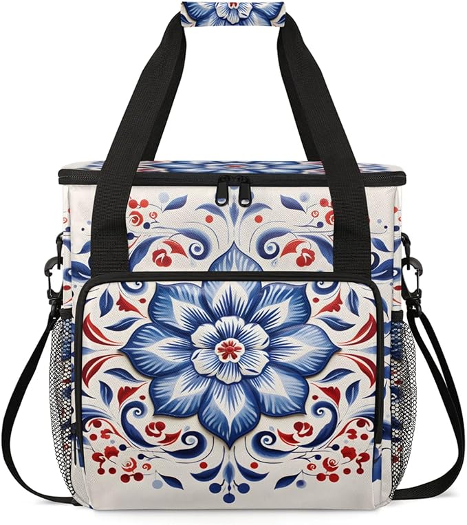 Floral Art Coffee Maker Travel Bag for Keurig K-Mini/K-Mini Plus Insulated Waterproof Tote with Pockets for K-Cup Portable Single-Serve Brewer Case