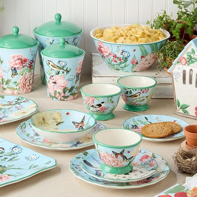 Flora 16-Piece Dinnerware Set Service for 4 – Includes Dinner Plates Dessert Plates Pedestal Mugs and Pedestal Ice Cream Bowls with Vibrant Nature-Inspired Floral Designs