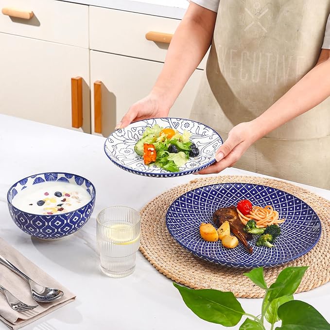Selamica Ceramic Plates and Bowls Sets18 Pieces Retro Floral Dinnerware Sets for 6Dishwasher &amp Microwave Safe dish setFamily &amp Holiday Dining Vintage Blue