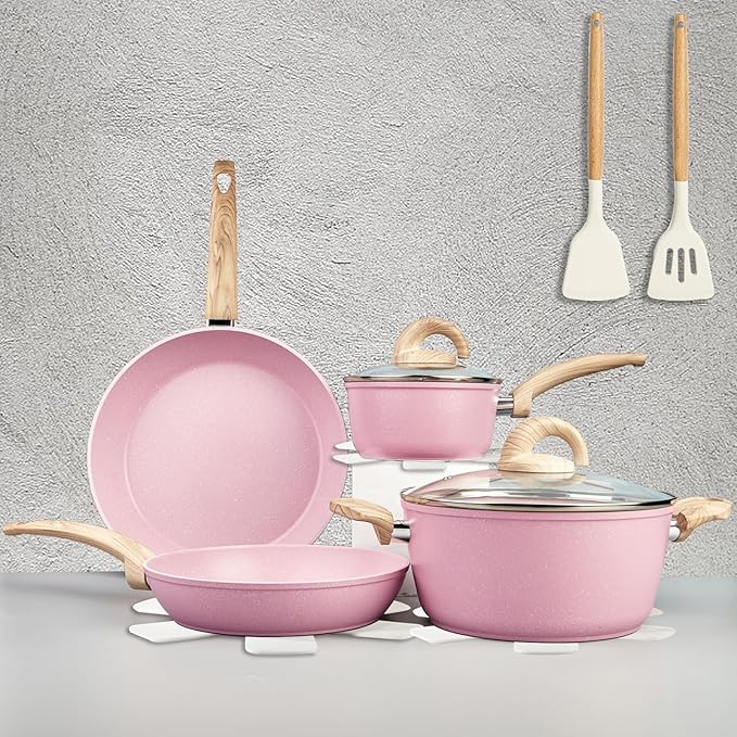 Non Stick Pots and Pans Set Healthy Ceramic Cookware Set 12pcs Kitchen Cooking Pots and Frying Sauce Saute Pans Set PFAS-Free with Kitchen Utensils and Lid Pink