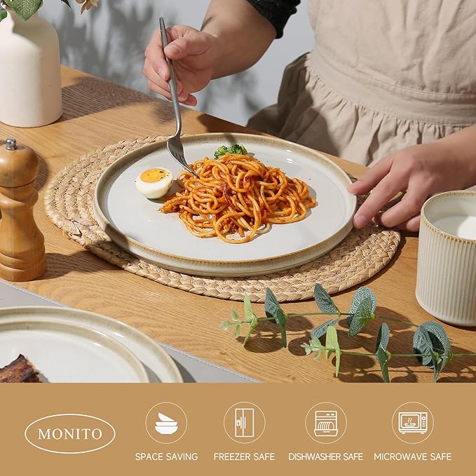 MONITO Ceramic Dinnerware 16 Pieces Dinner Set10.7in Stoneware Plates and Bowls Sets Highly Chip and Crack Resistant | Dishwasher &amp Microwave Dishes setGift Bonbon Beige