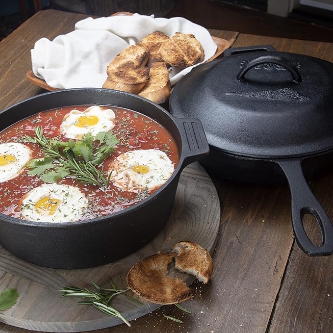 Bayou Classic 7658 3-pc Cast Iron Cookware Set Features 3-qt Skillet and 4-qt Pot w/Interchangeable Domed Basting Lid Perfect for Searing Braising Slow Simmering Soups Baking Apple Pie and Cobbler