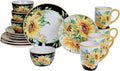 Sunflower Fields 16-Piece Dinnerware Set (Service for 4) Multi Color White Yellow Floral Farmhouse Modern Contemporary Round 16 Piece Dishwasher Safe Microwave