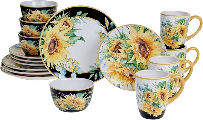 Sunflower Fields 16-Piece Dinnerware Set (Service for 4) Multi Color White Yellow Floral Farmhouse Modern Contemporary Round 16 Piece Dishwasher Safe Microwave