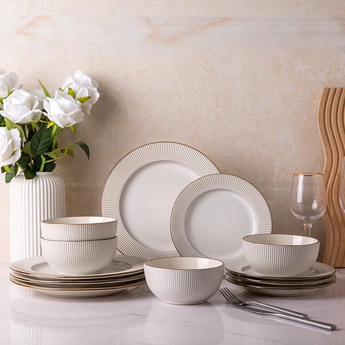 GBHOME Dinnerware Sets and Coffee Mugs Embossed Elegant Stoneware Plates and Bowls Sets Housewarming Wedding Gift | Dishwasher &amp Microwave Safe | Dishes Set Service for 6