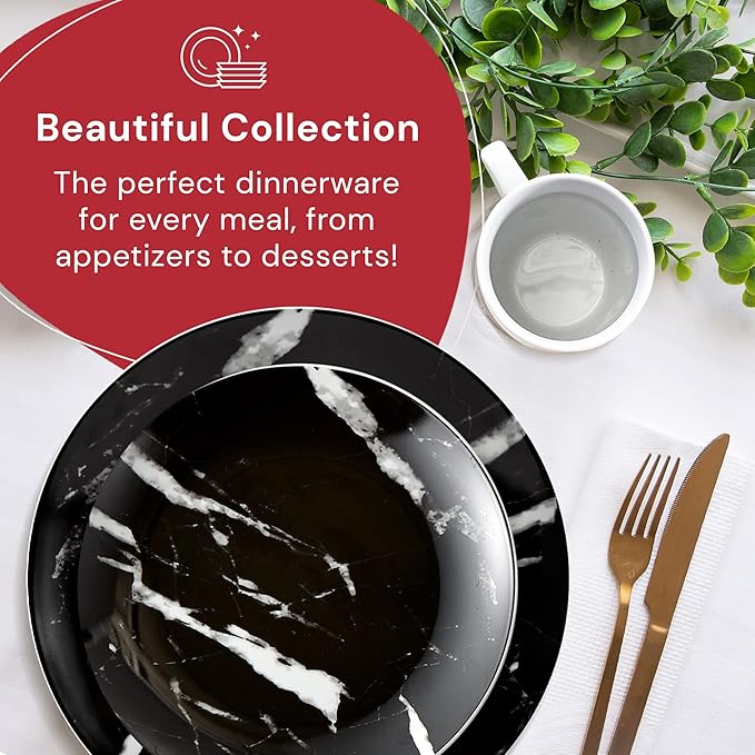 Safdie &amp Co. - Black Marble 16-Piece Dinnerware Set Porcelain Modern Dishwasher Safe