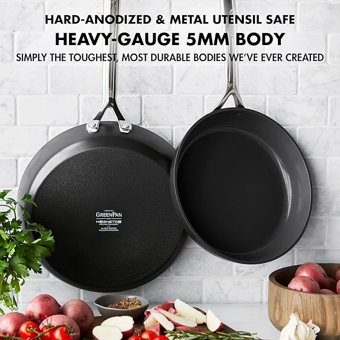 GreenPan 9.5” &amp 11” Ceramic Nonstick Frying Pan Skillet Set PFAS-Free Hard Anodized Cookware Induction Compatible &amp All Cooktops Dishwasher &amp Oven Safe GP5 Stay-Flat Surface Black