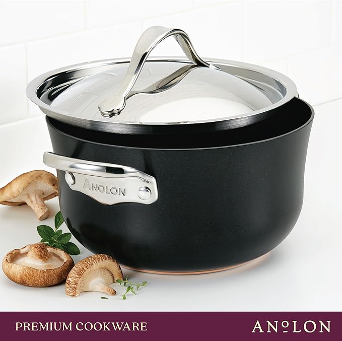 Anolon 83878 Nouvelle Copper Luxe Hard Anodized Nonstick Dutch Oven/Stockpot/Saucepan with Stainless Steel Lid/Induction Suitable/Dishwasher Safe - 4 Quart Onyx Black