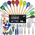 Kaluns 50 PCS Silicone Kitchen Utensils Set Complete Kitchen Set - 800°F Heat Resistant Non-Stick Premium Cooking Utensils W Wooden Handles - Can Opener Masher Turner Silicone Spatula Set