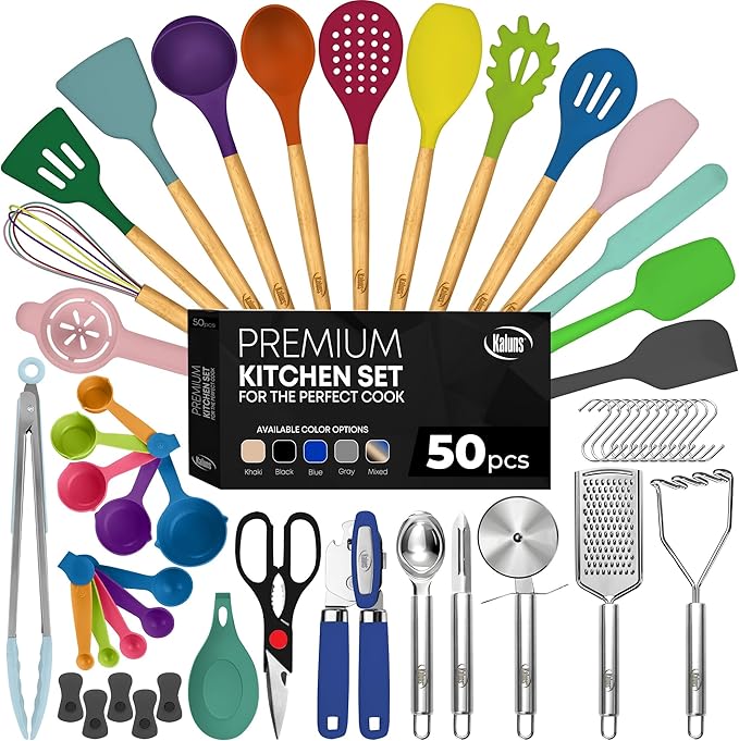 Kaluns 50 PCS Silicone Kitchen Utensils Set Complete Kitchen Set - 800°F Heat Resistant Non-Stick Premium Cooking Utensils W Wooden Handles - Can Opener Masher Turner Silicone Spatula Set