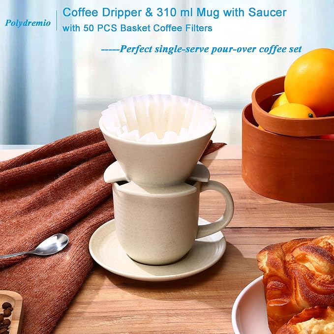 Pour Over Coffee Maker with 50 PCS Basket Coffee Filters 310 ml/10 oz Mug with Saucer &amp Coffee Dripper Ceramic Off-white