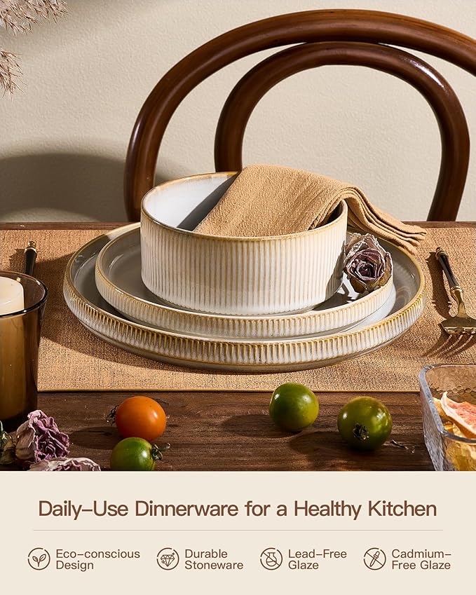 Stoneware Plates and Bowls Dishes Sets for 6 (18-Piece) Famiware Premium Handcrafted Reactive Glaze Dinnerware Set with Raised Rim Scratch Resistant Microwave Dishwasher Safe Cappuccino White
