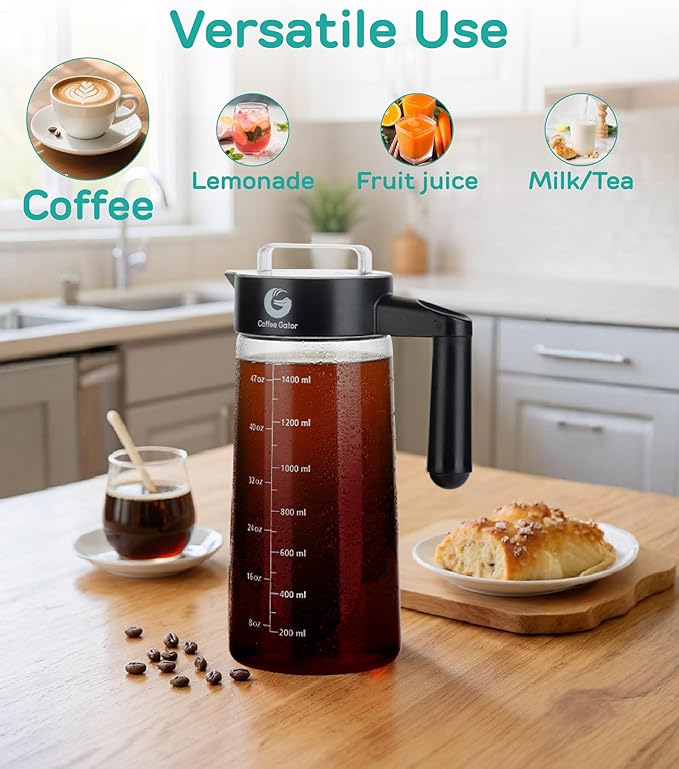 Coffee Gator Cold Brew Coffee Maker - 47 oz Iced Tea and Iced Coffee Maker and Pitcher with Borosilicate Glass Carafe Filter - Black