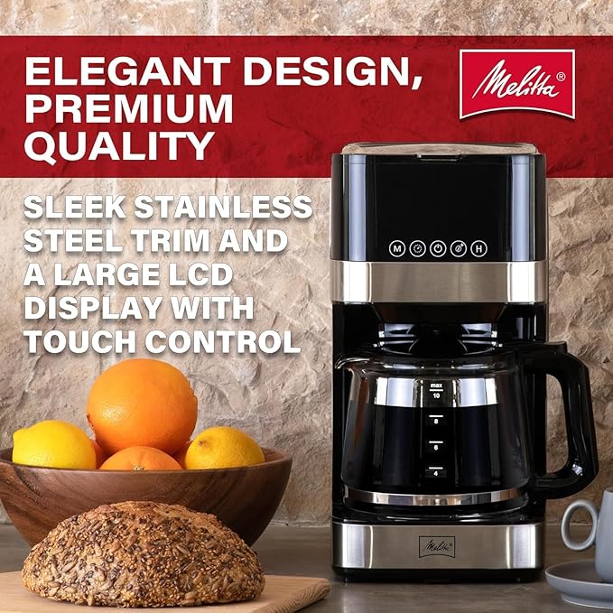 Melitta Aroma Tocco Glass 10-Cup Drip Coffee Maker Automatic and Programmable 96oz Capacity with 5-Pack Coffee Filters | Black