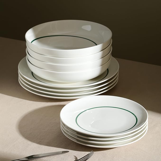 Stone Lain Luna 24-Piece Porcelain Dinnerware Set Plates and Bowls Set Dish Set for 8 Green