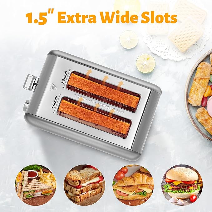 Simple Deluxe 2-Slice Stainless Steel Toaster 5 Browning Setting and 3 Function Extra Wide Slot Toaster with Removable Crumb Tray Silver