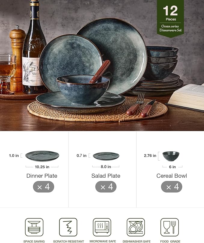 Famiware Dinnerware Sets for 4 Ocean Round 12-Piece Kitchen Plates and Bowls Sets Reactive Glaze Microwave and Dishwasher Safe Scratch Resistant Deep Forest