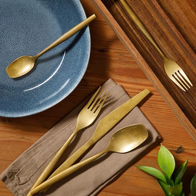 Bloomhouse - Two Time Oprah's Favorite Things Winner - 20 Piece Stone Washed Gold Flatware 18/10 Stainless Steel Silverware Cutlery Utensil Set With Acacia Wood Caddy - Service for 4