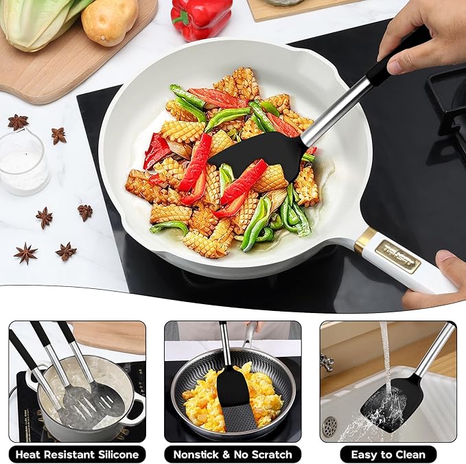 Onader 16 Piece Dinnerware Sets with Serving Bowls for 4 Kitchen Cooking Utensils Set with Holder 15 Pcs Silicone Spatula Set- Black