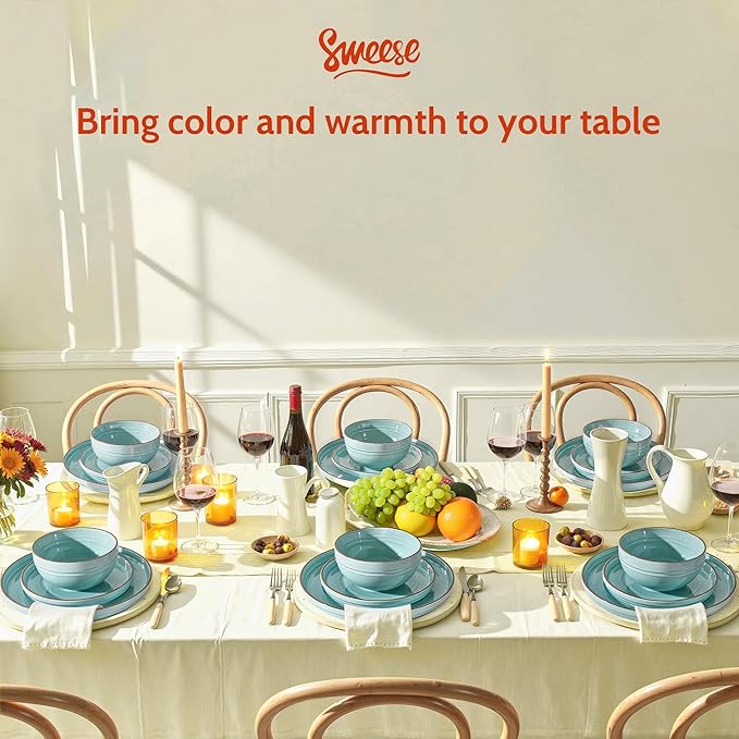 Sweese Plates and Bowls Sets Porcelain Dinnerware Sets for 6 18 pcs Handcrafted Glaze Embossed Dinner Set Scratch Resistant Dishware Dishwasher Oven Microwave Safe Ceramic Dish Set Gradient Blue