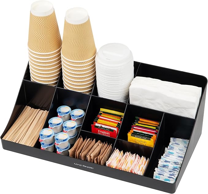 Mind Reader Cup and Condiment Station Countertop Organizer Coffee Bar Kitchen Stirrers 17.875L x 9.5W x 6.625H Black