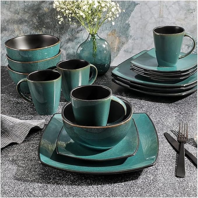 Title: 16-Piece Soft Square Stoneware Dinnerware Set – Teal Green and Black Dish Set Service for 4 Microwave &amp Dishwasher Safe