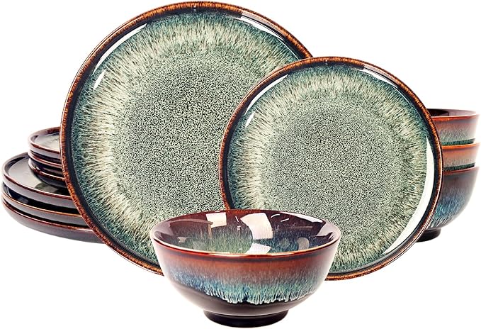 Dinner Set 12 Pieces - Round Reactive Glaze Tableware - Kitchen Dinnerware Porcelain Crockery with Dinner Plate Bowl and Soup Plate Service for 4 Microwave Dishwasher Safe Set (No.1)