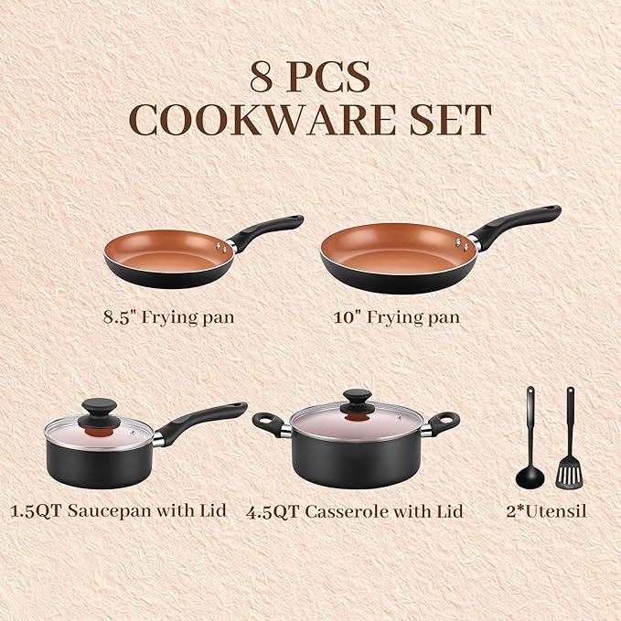 8pcs Gold Ceramic Pots and Pans Set Cooking Pan SetCooking Pot Set Ceramic Pan Set Nonstick Cookware Set Induction Safe Kitchen Cooking Set with Frying Pans Saucepans shovel and Ladle