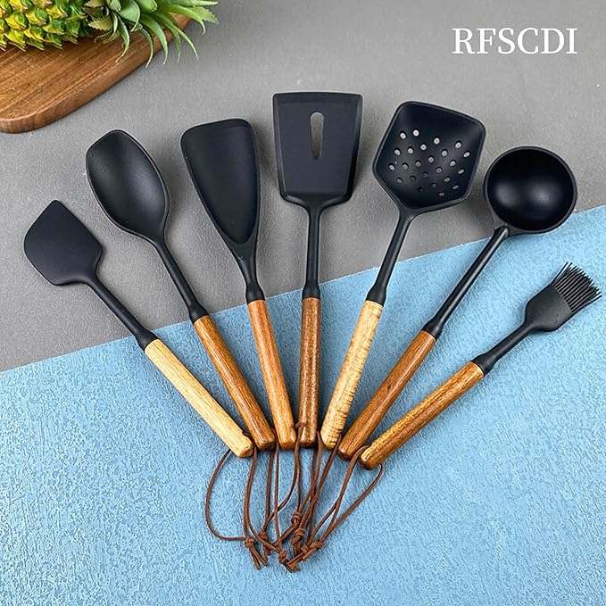 Exquisite Silicone Cooking Utensils Set - Non-Toxic Heat-Resistant Kitchen Utensils Set with Food-Grade Silicone &amp Wood Handles - Includes Spatula &amp Spoon for Non-Stick Cookware Black
