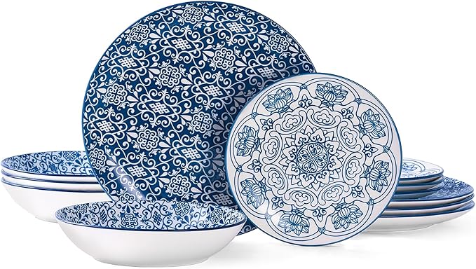 Bestone Porcelain Dinnerware Sets Service for 4 12 pcs Hand drawn Plates and Bowls Sets Handmade Ceramic Dish Set Chip Resistant Modern Plate Set Dishwasher/Microwave SafeVintage Blue