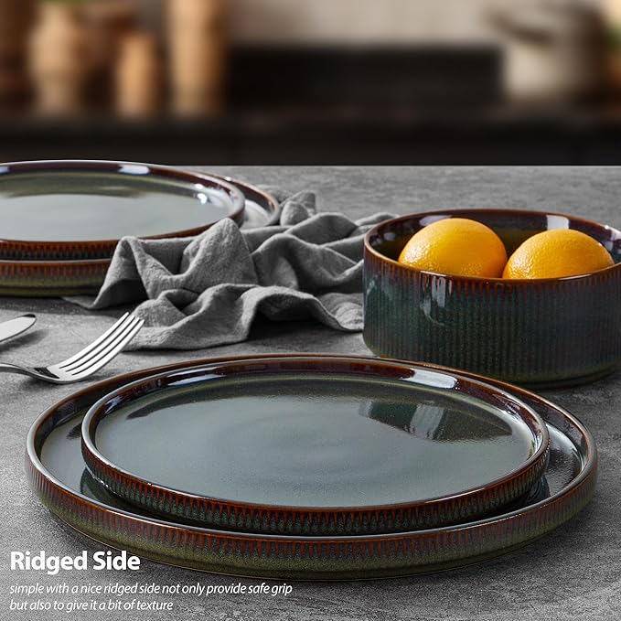 LIANYU Dinnerware Sets with Pasta Bowls 24 Piece Ribbed Dinnerware Plates and Bowls Set for 6 Elegant Modern Stoneware Dishes Set for Kitchen Dining Microwave and Dishwasher Safe Jungle Green