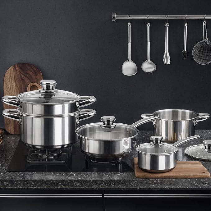 Stainless Steel Pots and Pans Set 15-Piece Induction Cookware Set Kitchen Cooking Pot and Pan Set Non Toxic Dishwasher ＆ Oven Safe Compatible with All Stovetops - Gas Electric Induction