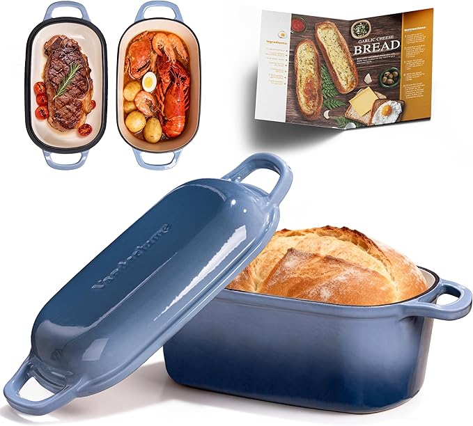 4.6-Quart Oval Dutch Oven for Bread Baking 2 in 1 Enameled Cast Iron Bread Pan with Lid Sourdough Bread Dutch Oven for a Crispy Crust Seasalt
