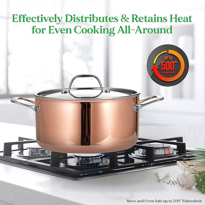 NutriChef 8 Pcs. Stainless Steel Cookware Set - Kitchenware Pots &amp Pans Set Stylish Kitchen Cookware w/Cast SS Handle Tri-Ply Authentic Copper for Saucepan Casserole Frying Pan Lids - NCCW8SS