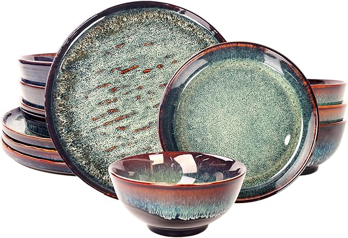 Dinner Set 12 Pieces - Round Reactive Glaze Tableware - Kitchen Dinnerware Porcelain Crockery with Dinner Plate Bowl and Soup Plate Service for 4 Microwave Dishwasher Safe Set (No.4)