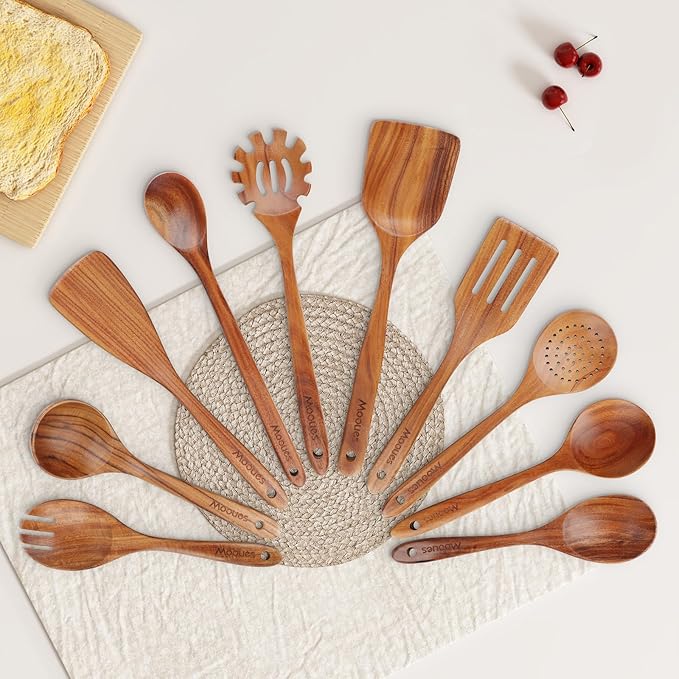 Wooden Spoons for Cooking Wooden Utensils for Cooking Natural Teak Wooden Kitchen Utensils Set Comfort Grip (10 PCS SET)