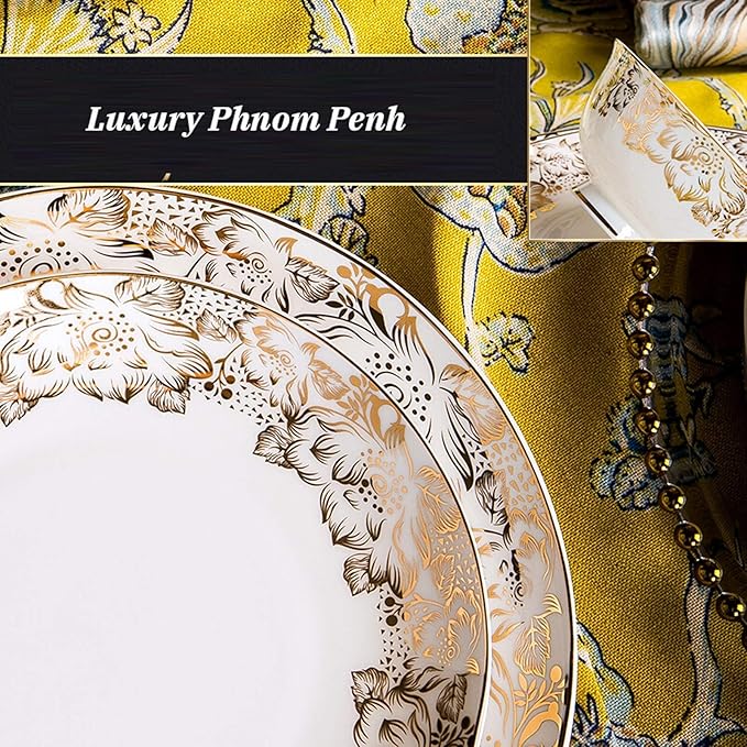 Kitchen Tableware SetCeramics Dinnerware Set European Style High-end Porcelain Dishware Set with Soup Pot and Cereal Bowl 48 Pieces Bone China Dinner Sets for Family G
