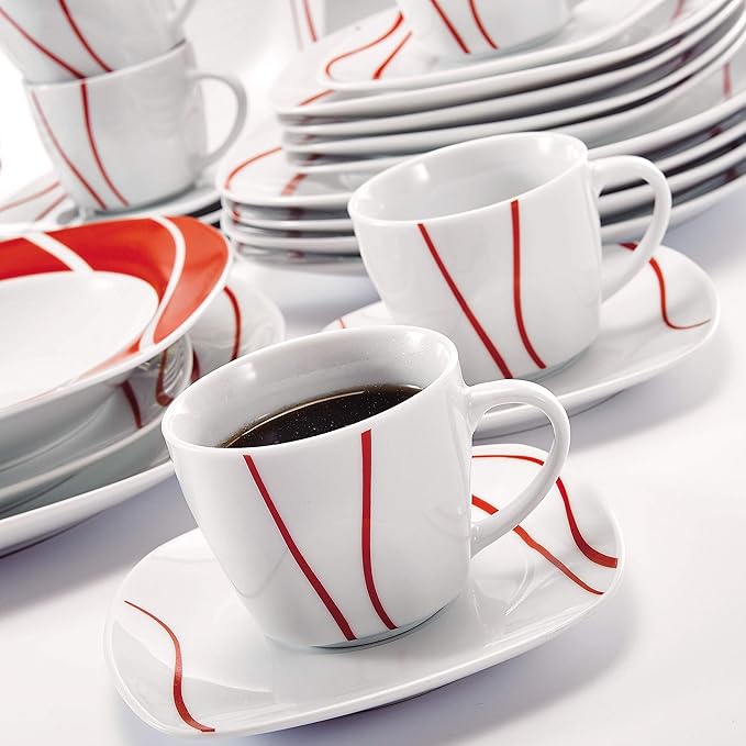 Unknown1 30-Piece Red Stripes Dinner Sets (Service for 6) White Stripe Modern Contemporary Round Ceramic 30 Piece Dishwasher Safe