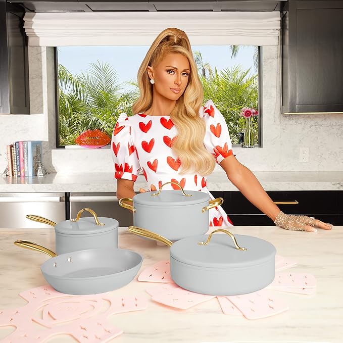Paris Hilton Iconic Nonstick Pots and Pans Set Multi-layer Nonstick Coating Matching Lids With Gold Handles Made without PFOA Dishwasher Safe Cookware Set 10-Piece Light Gray