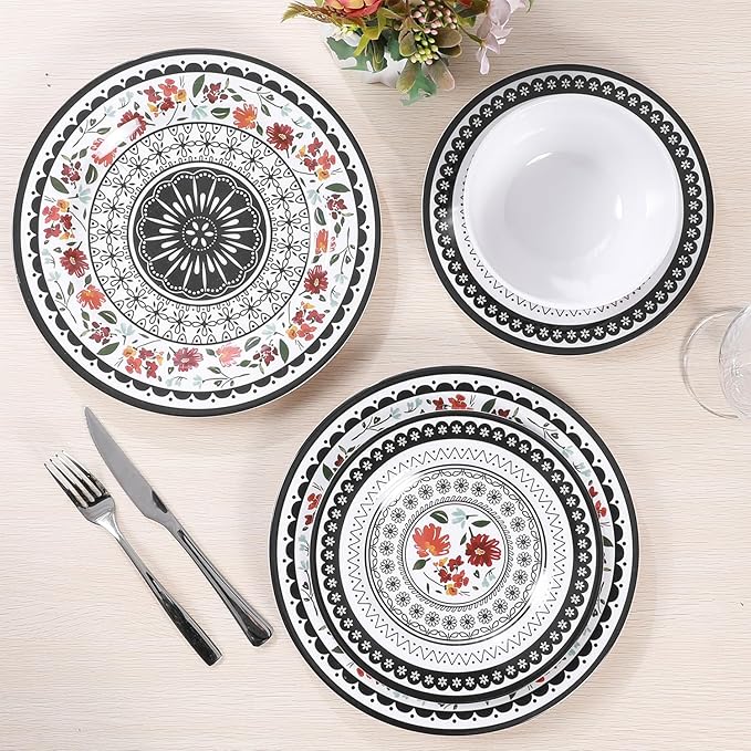 12-Piece Melamine Dinnerware Sets Unbreakable Dinner Dishes Set for Indoor and Outdoor Use Dishwasher Safe Lightweight Dinner Service for 4 Black and White